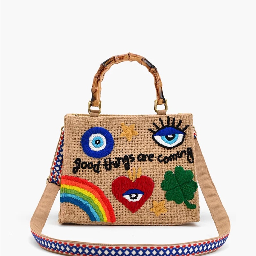 Embroidered Jute Tote Bag with Bamboo Handles